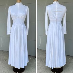 Vintage 1970s Modest Long-Sleeve White Wedding Dress - High Neck, Full Skirt
